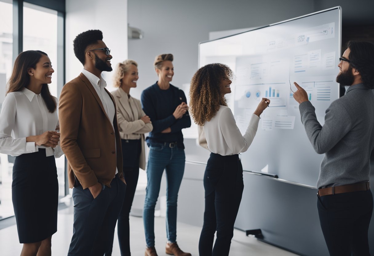 A group of people gathering around a whiteboard, brainstorming and discussing strategies for segmenting their target audience before a digital campaign