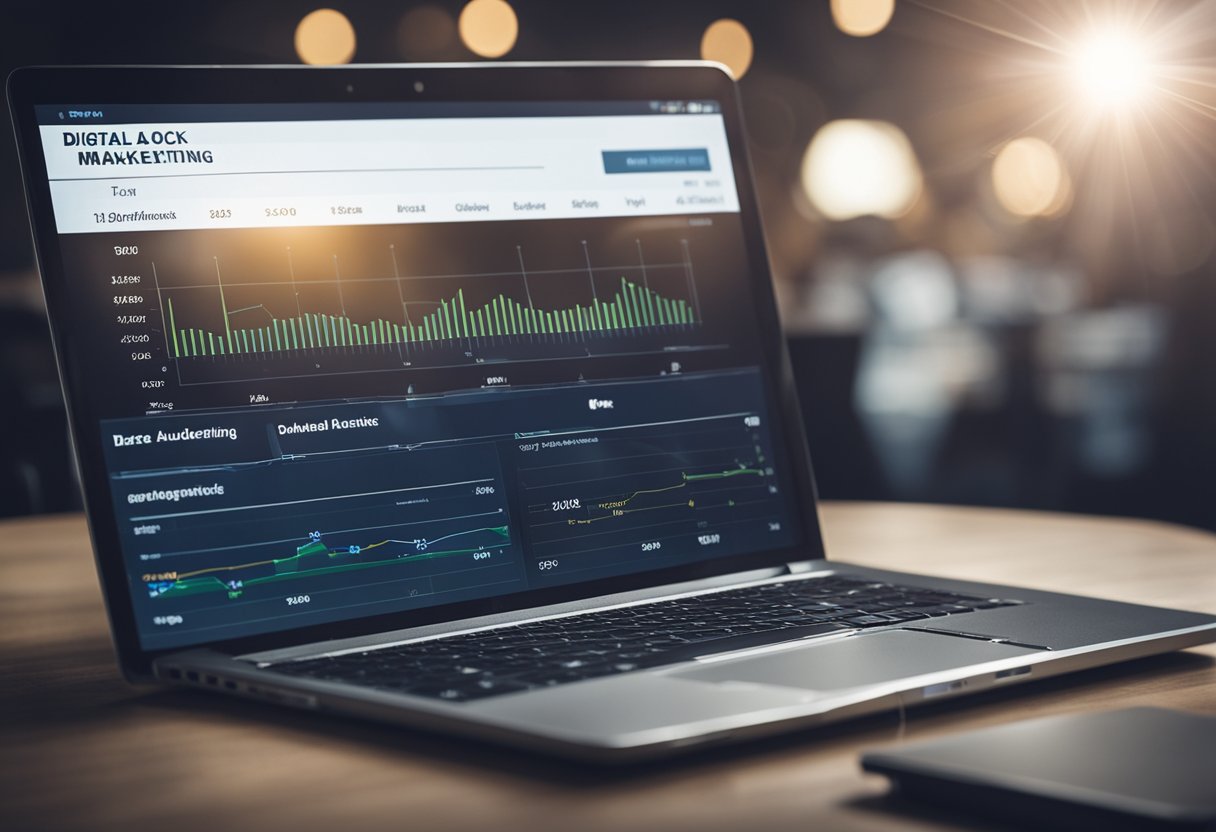 A laptop displaying a digital marketing campaign with segmented target audience. Charts and data show product understanding and best practices