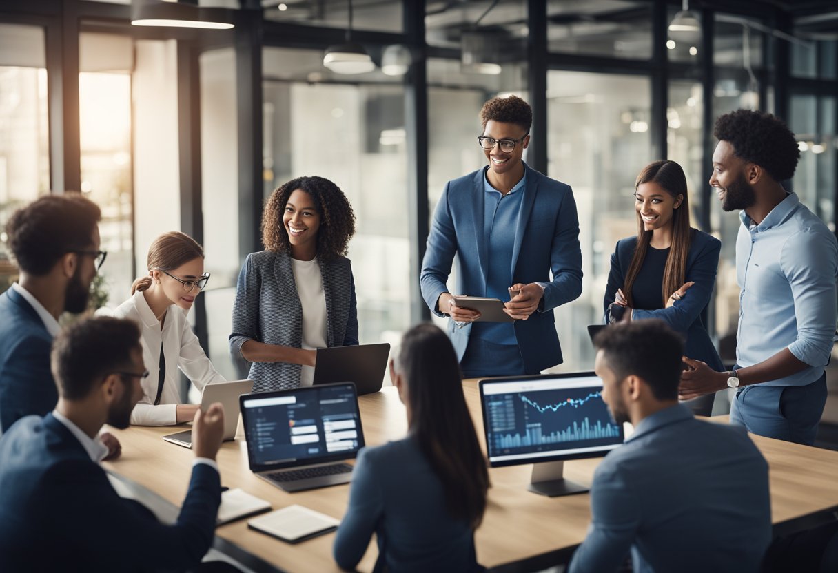 A diverse group of people engaging with digital devices, surrounded by data and analytics, representing different target segments