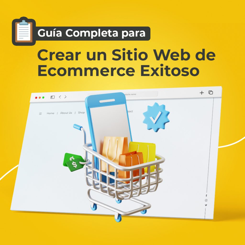 Portada de guía: cómo crear un sitio web de ecommerce exitoso, con un carrito de compras 3D frente a una página web en fondo amarillo.