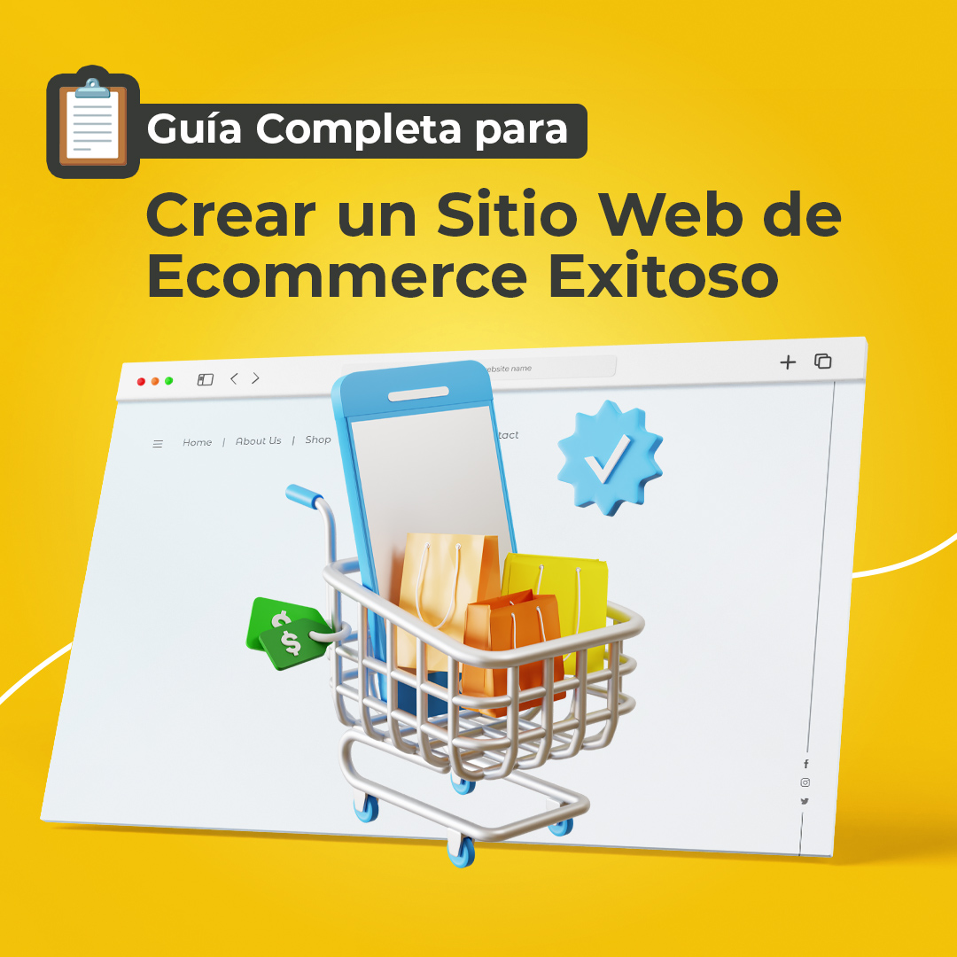 Portada de guía: cómo crear un sitio web de ecommerce exitoso, con un carrito de compras 3D frente a una página web en fondo amarillo.