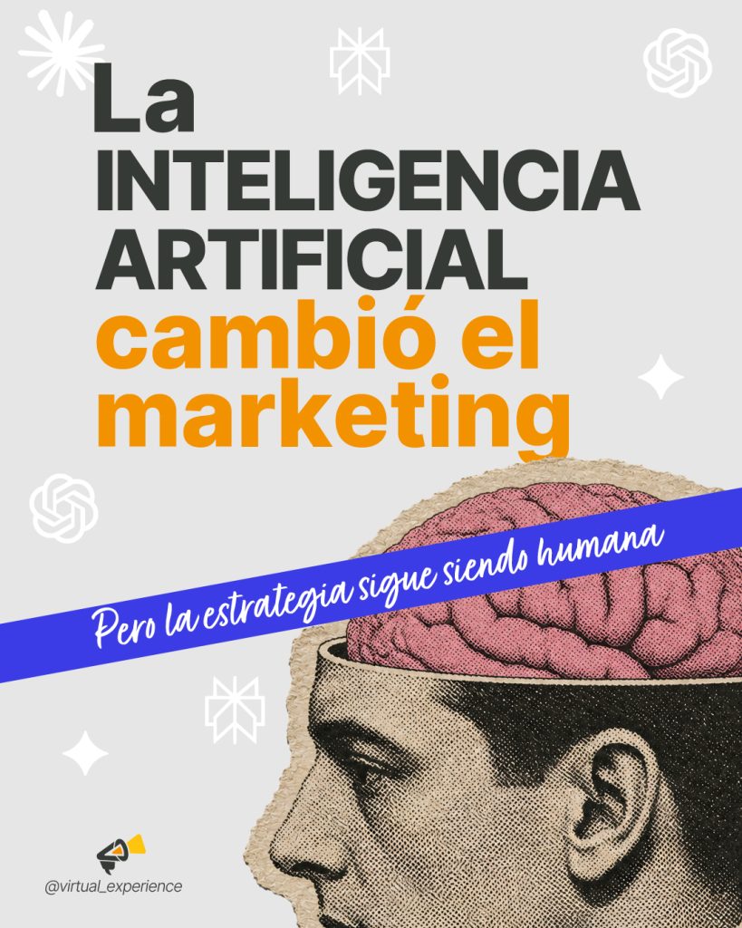 Poster reads 'La inteligencia artificial cambió el marketing' with a vintage brain illustration and a blue ribbon across the image when conveying the message that AI changed marketing and human strategy remains important.