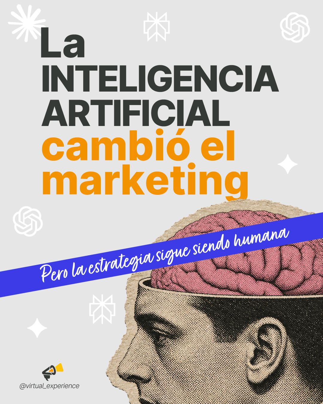Poster reads 'La inteligencia artificial cambió el marketing' with a vintage brain illustration and a blue ribbon across the image when conveying the message that AI changed marketing and human strategy remains important.
