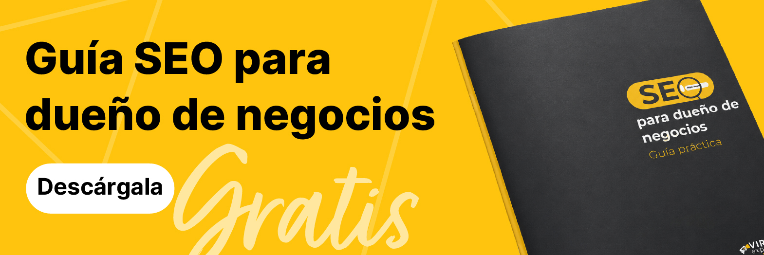 Anuncio amarillo promoviendo una guía SEO para dueños de negocios, con el botón 'Descárgala' y un cuaderno oscuro a la derecha.