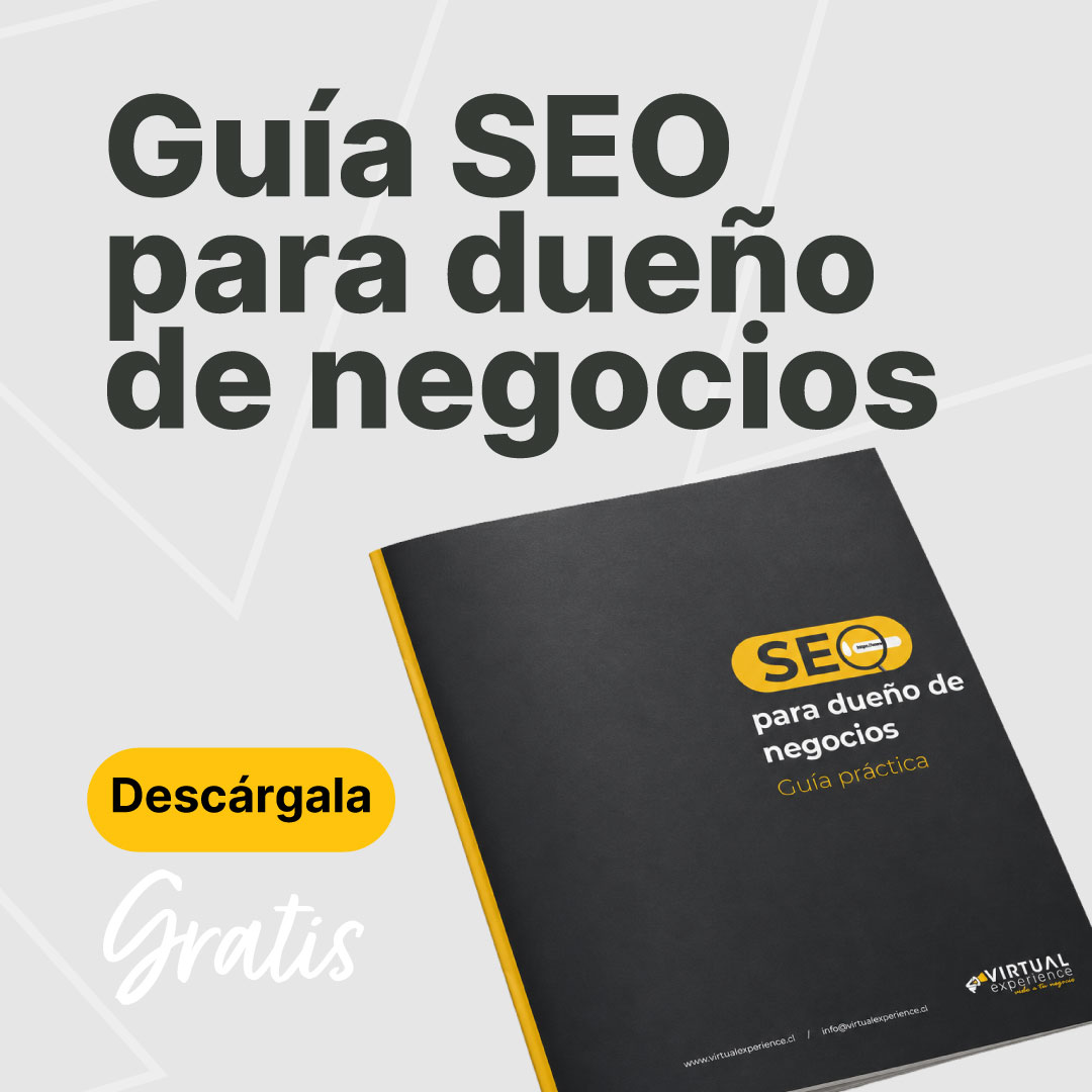 Promotional graphic for a free SEO guide for business owners, showing a tilted dark book and a yellow 'Descárgala' button.